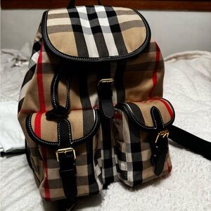 Burberry Checked Canvas Backpack in Beige, Black & Red